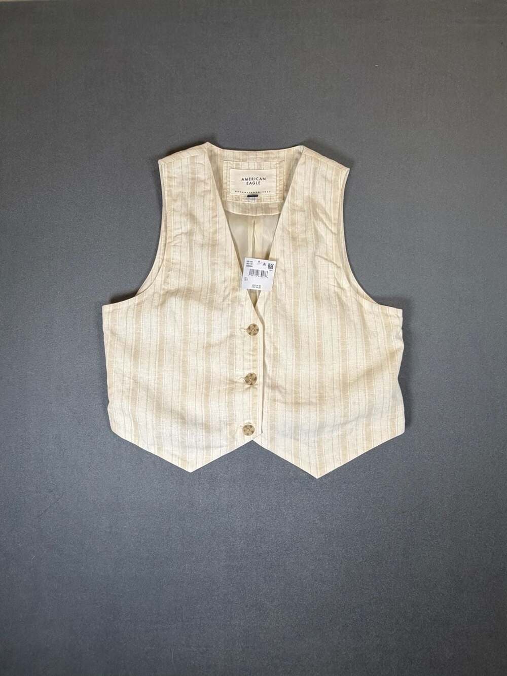 American Eagle NWT Linen Blend Striped Vest Large Beige Cream Coastal Preppy
